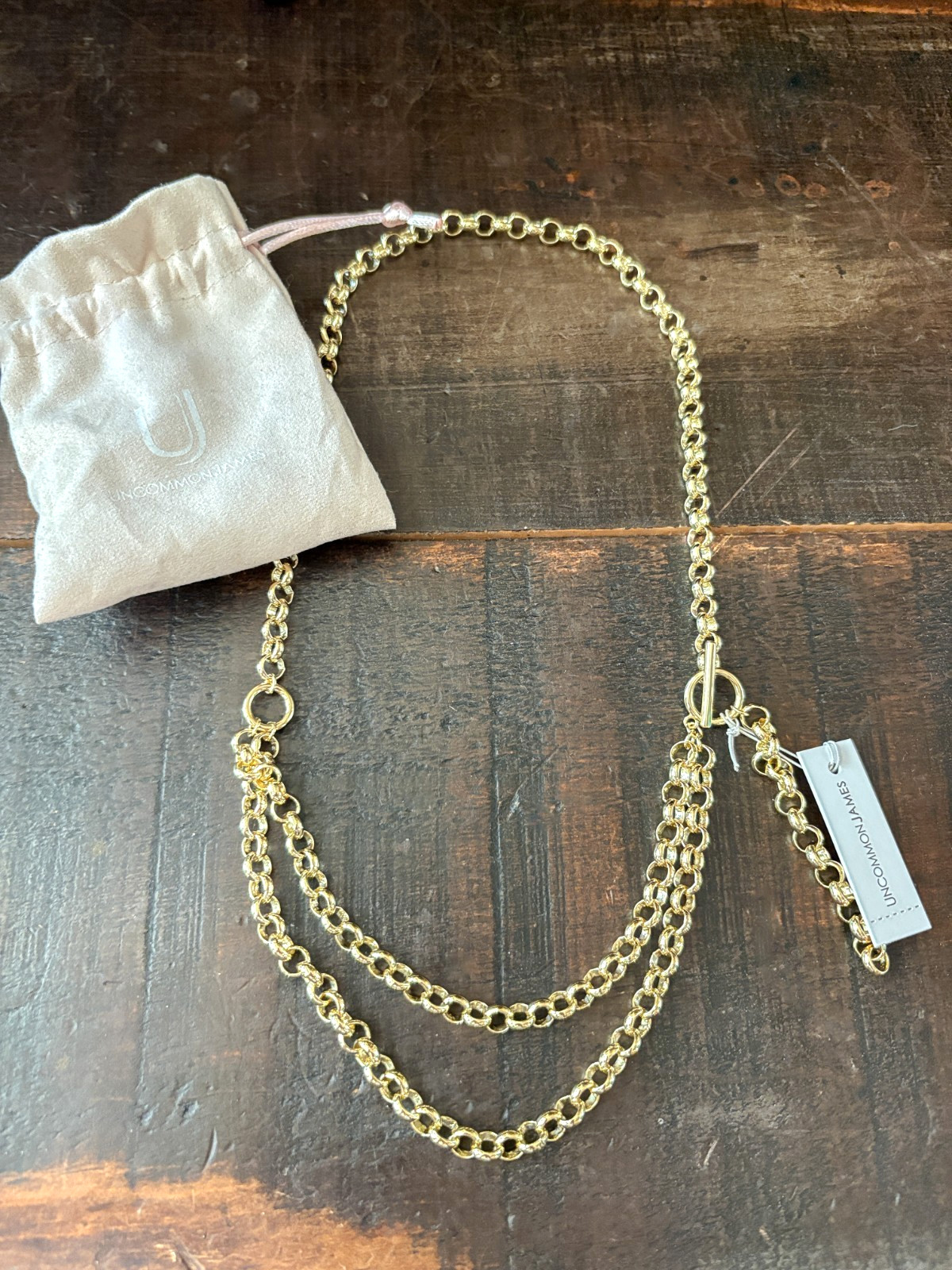 NWT Uncommon James Necklace Gold Double Chain Toggle Clasp Classic Layered