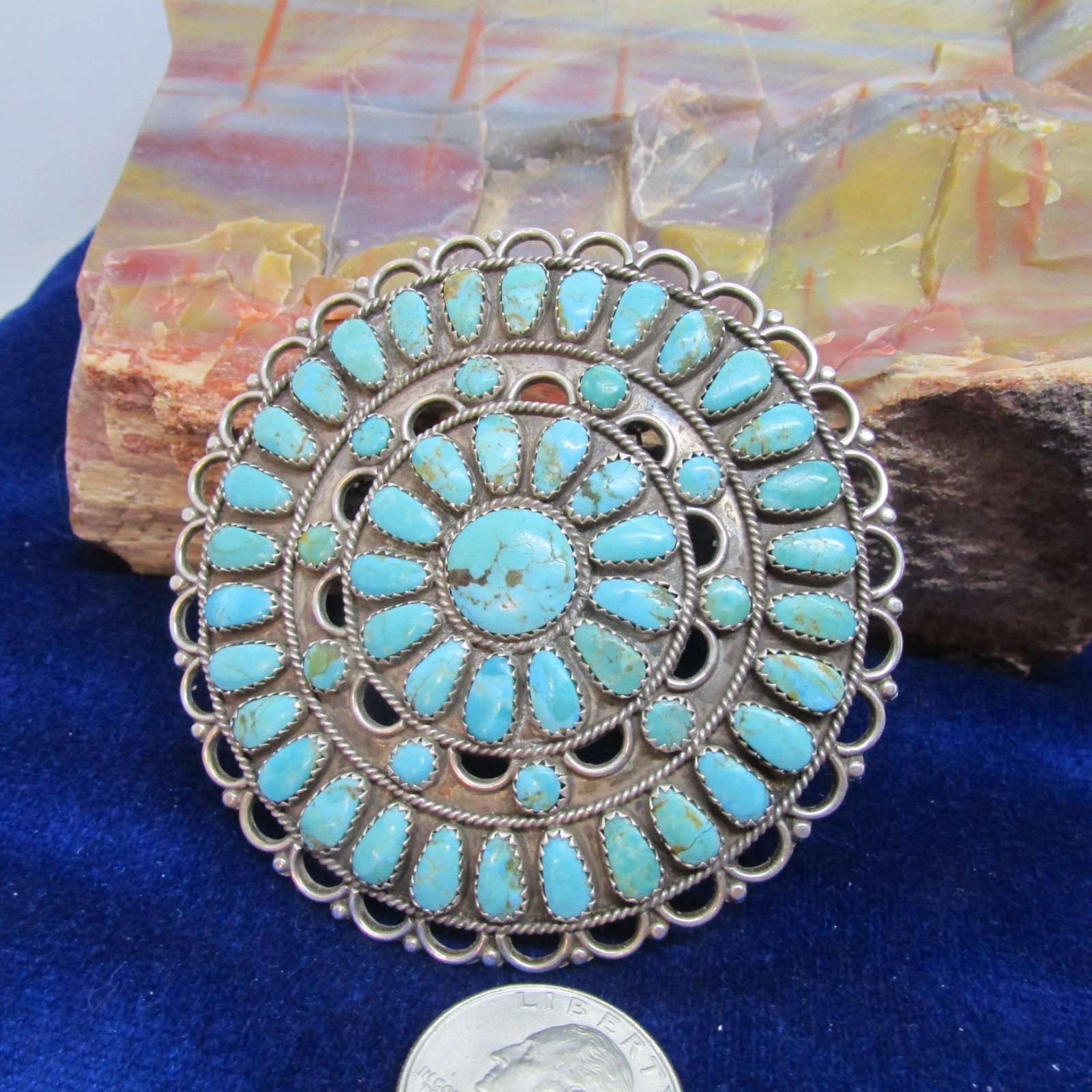 VINTAGE SOUTHWEST N A LMB HUGE TURQUOISE PENDANT OR BROOCH SIGNED