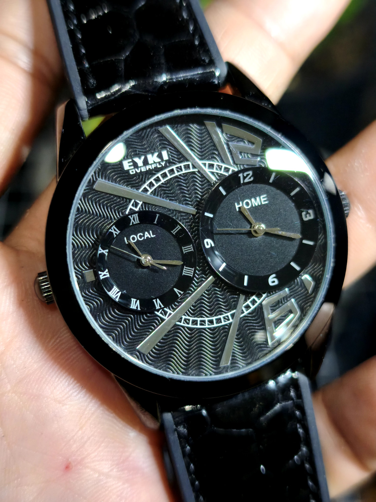 EYKI Overfly Men’s Dual Time Watch All Black Case Wave Dial Quartz