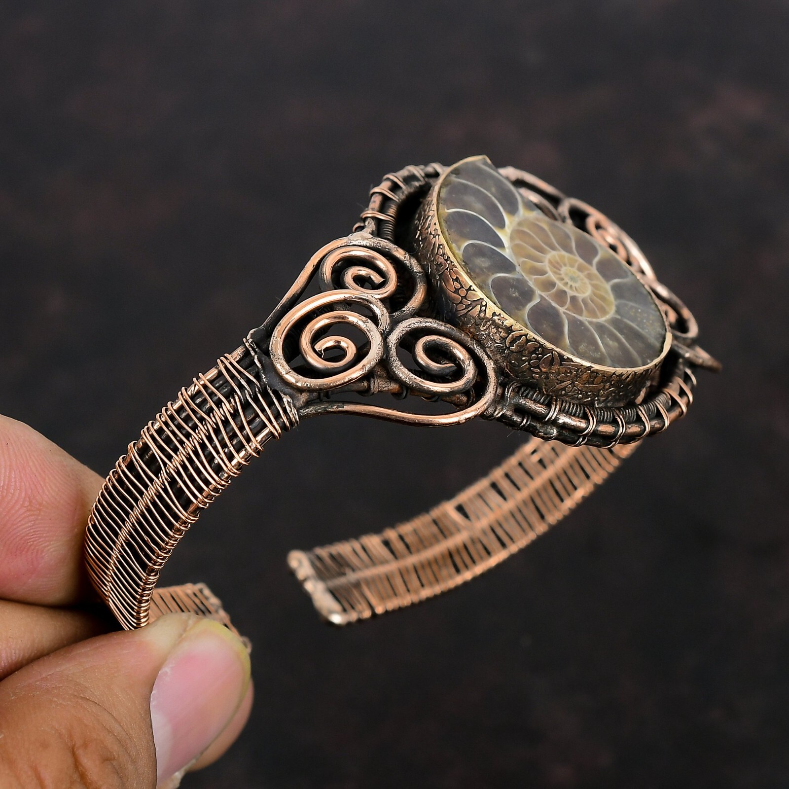 Ammonite Fossil Jewelry Copper Gift For Mom Wire Wrapped Adjustable Bangle