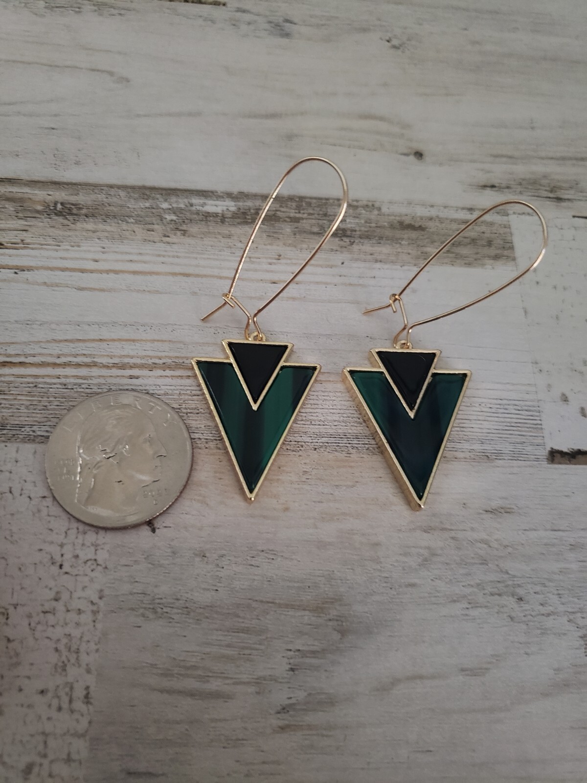 Triangle earrings teal green black modern jewelry gift cool goth gold style love