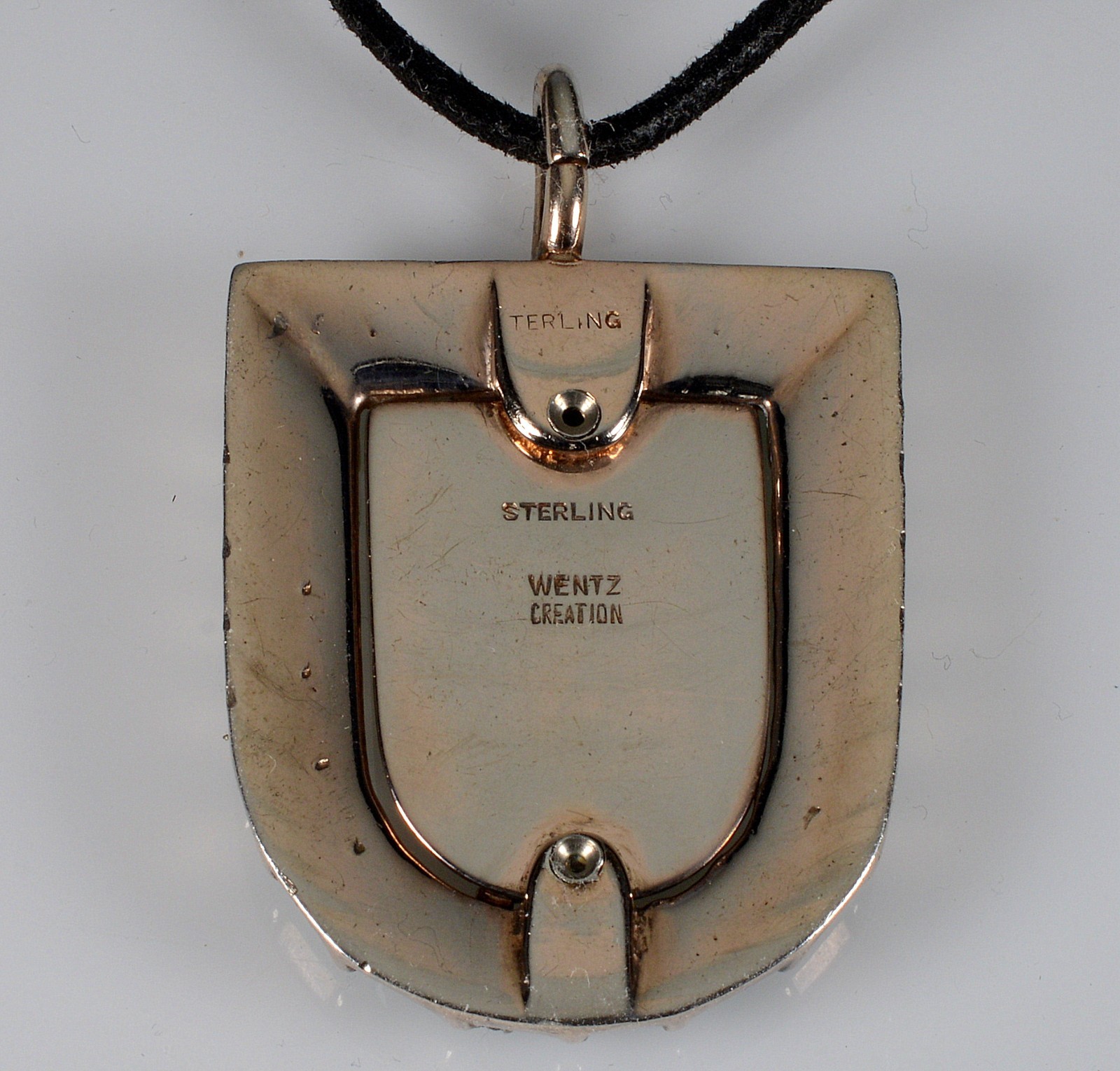 ART DECO EMERALD CRYSTAL STERLING PENDANT NECKLACE “KEY TO MY HEART” C.1930