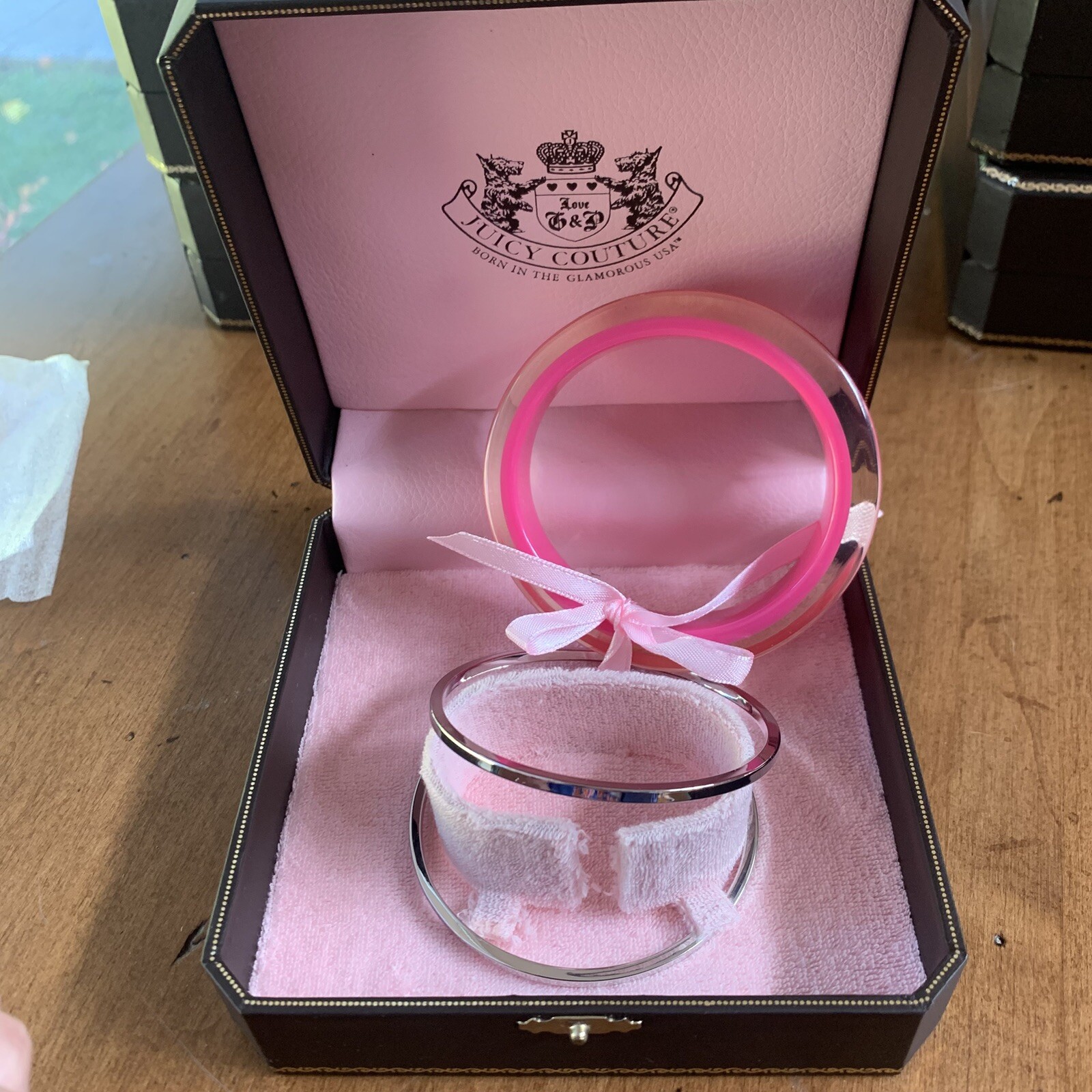 Retro Juicy Couture Pam & Gela Pink and Silver Thick Bangle Bracelets