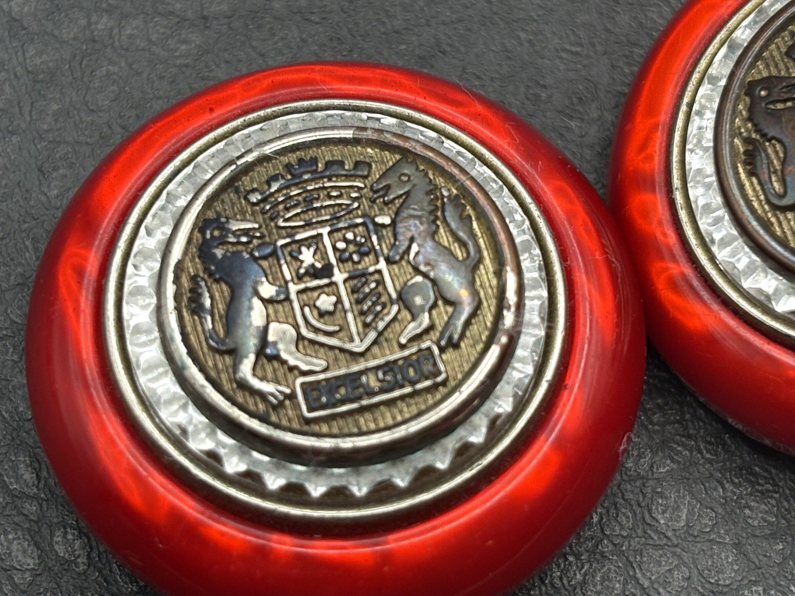 Vintage 80s Heraldic Coat of Arms Lion Shield Excelsior Rhinestone Red Earrings