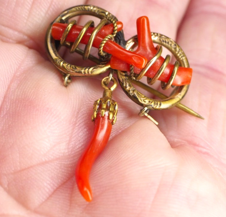 Antique double love knot brooch coral branch pin with dangles C-clasp jewelry