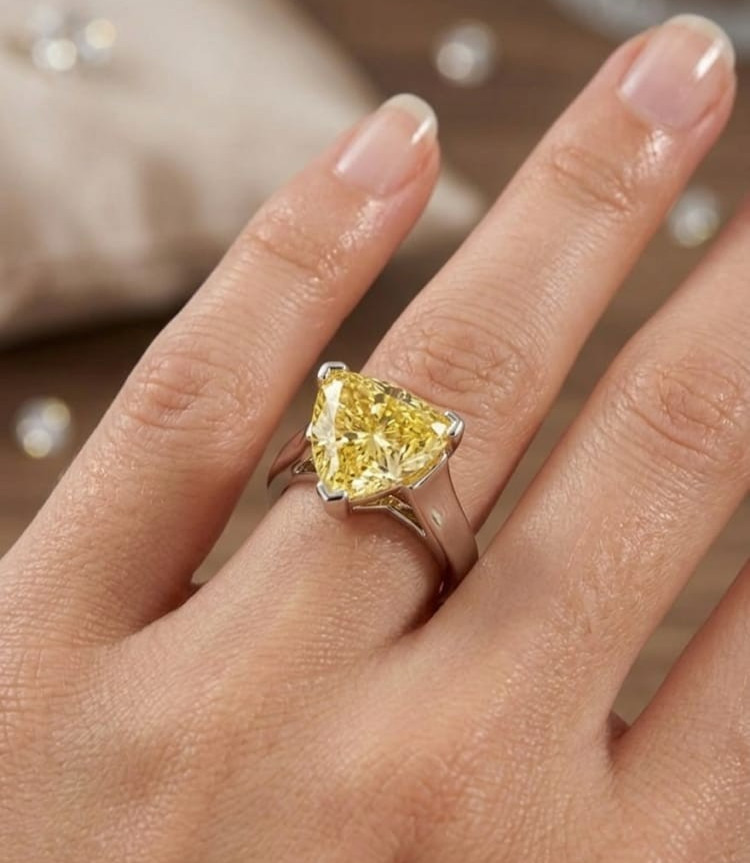 RARE 4.30 Ct Certified Trillion Yellow Natural Diamond Ring White Gold Finish