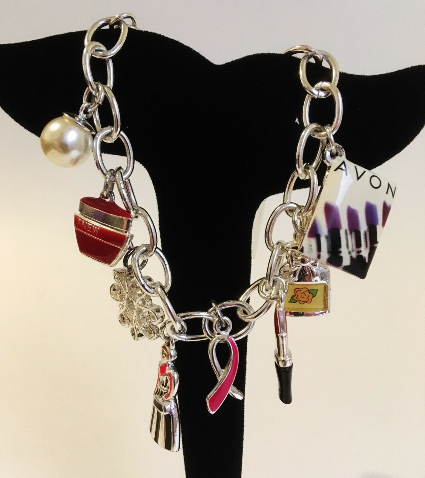 Avon 12 Charms Bracelet Silver Metal Link Chain 125 Years Anniversary Lipstick