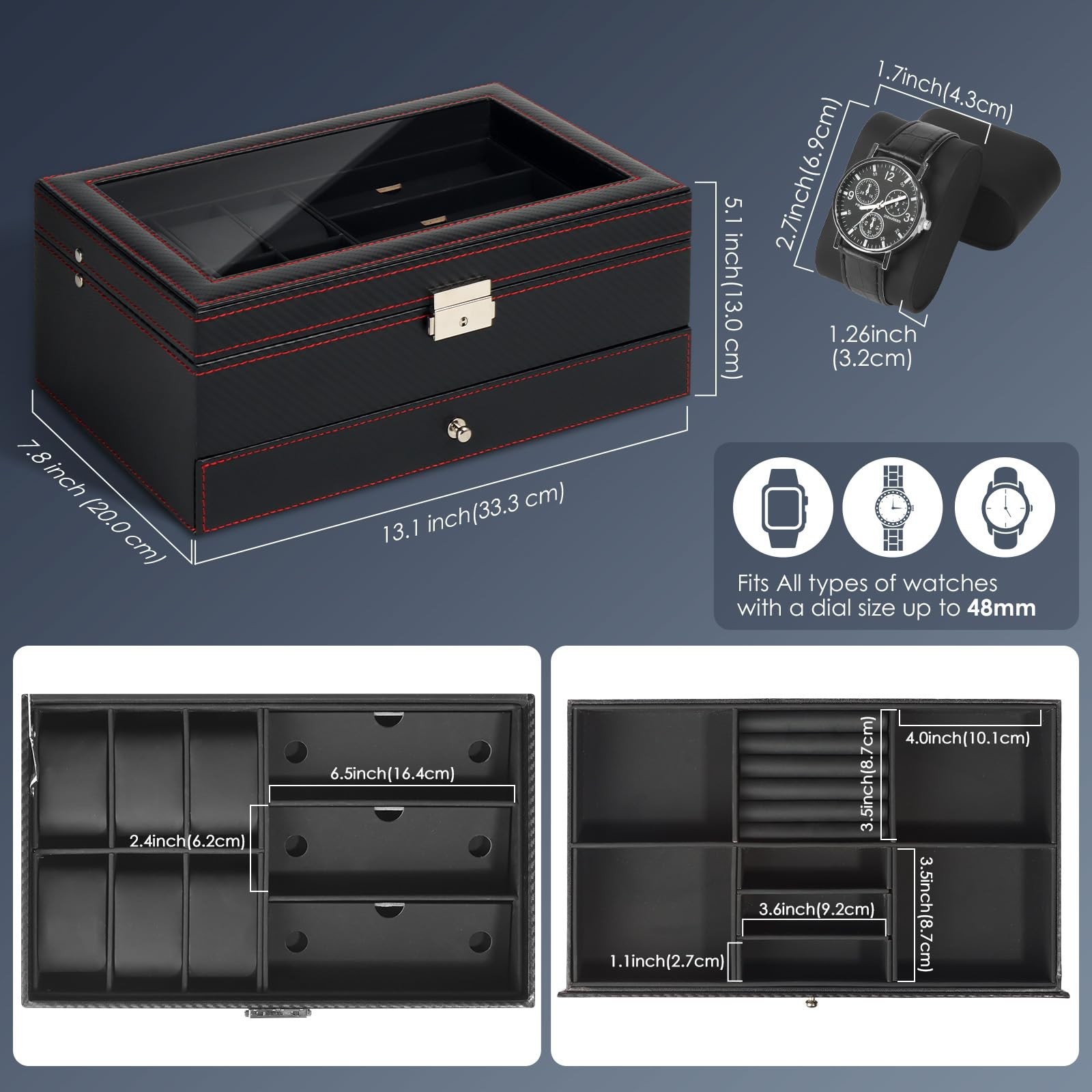 GLJ Jewelry Box for Men, 6 Slot Watch Organizer 6-Slots, Black