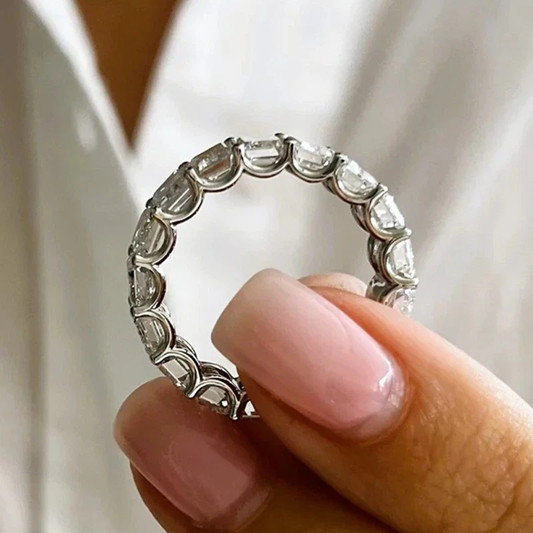 4.50Ctw Emerald Moissanite Full Eternity Wedding Band In 14k White Gold Plated