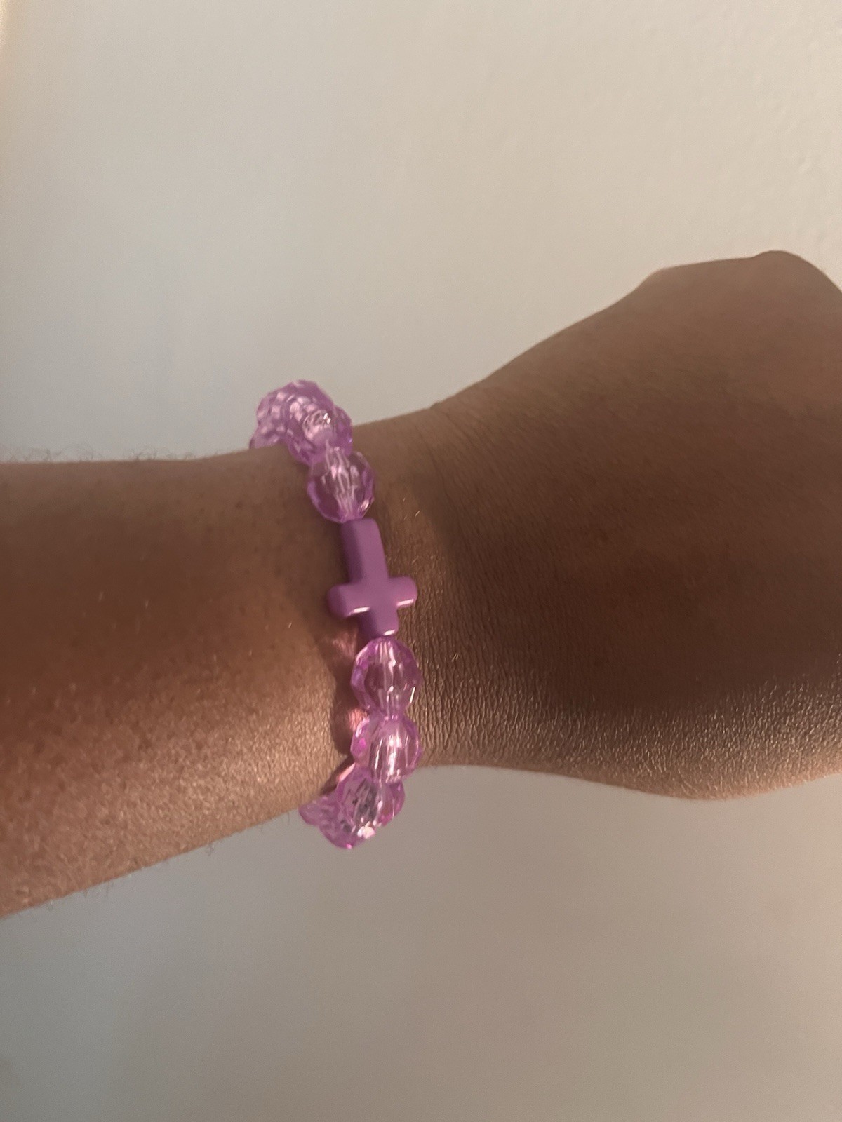 Purple Plastic Beaded Stretch Bracelet, Sizable, Religious Cross Dangle Charm