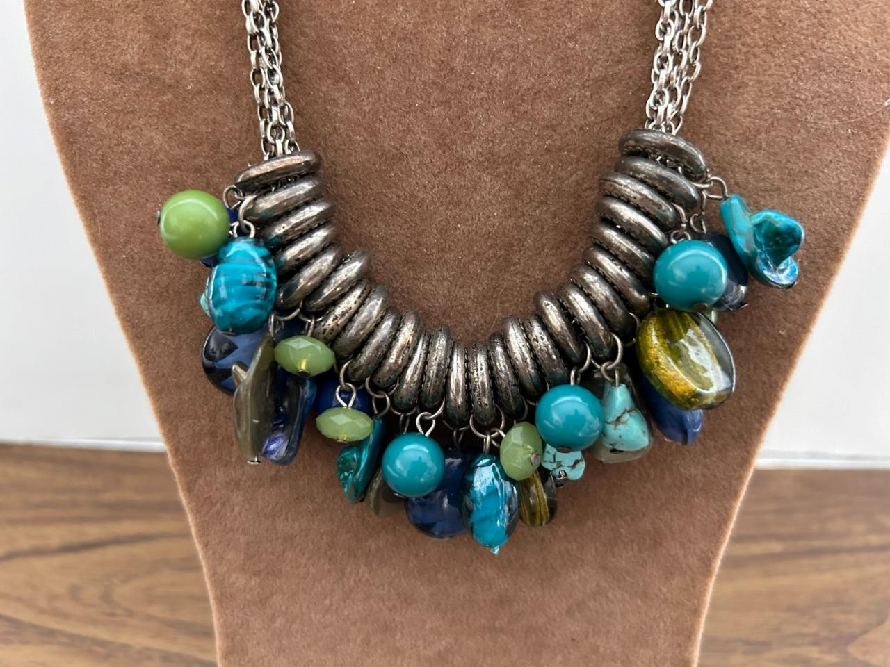 2 necklaces RMN stones beads lobster clasp adjustable length blue green