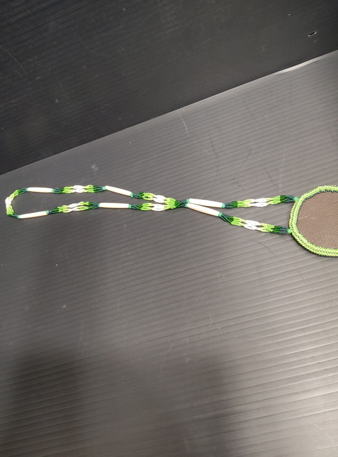 Handmade Beaded Medallion Necklace Long Fringe Southwestern Boho Green 20in