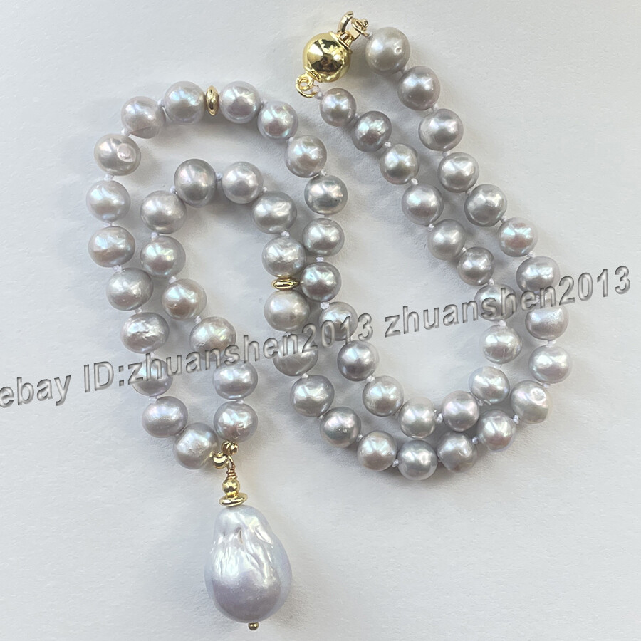 Natural 7-8mm/15x20mm Silver Gray Keshi Baroque Pearl Pendant Necklace +Earrings