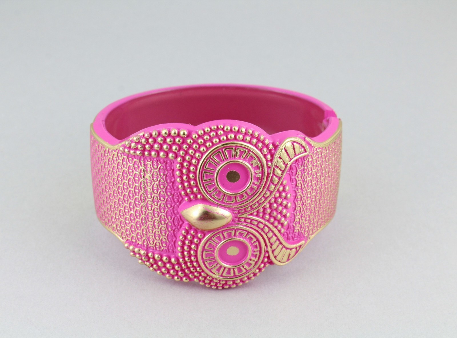 Owl bracelet Pink Gold carved textured bird plastic hinged bangle cuff