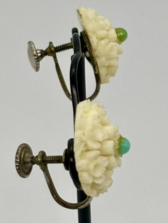 Vintage Earrings Carved Lucite/Resin Flowers Faux Turquoise Screw-Back, Unsigned