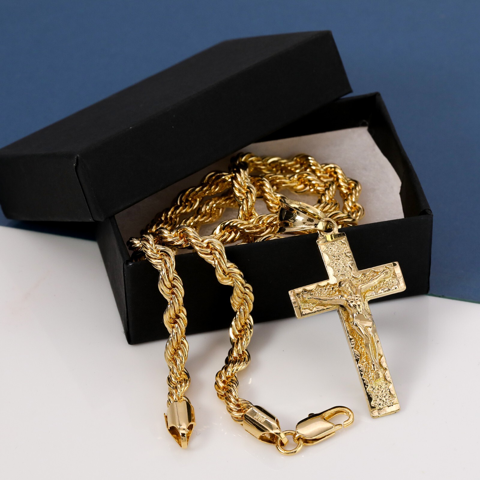 Jesus Cross Pendant Crucifix Nugget Brass 14k Gold Plated 20″ Rope Choker Chain