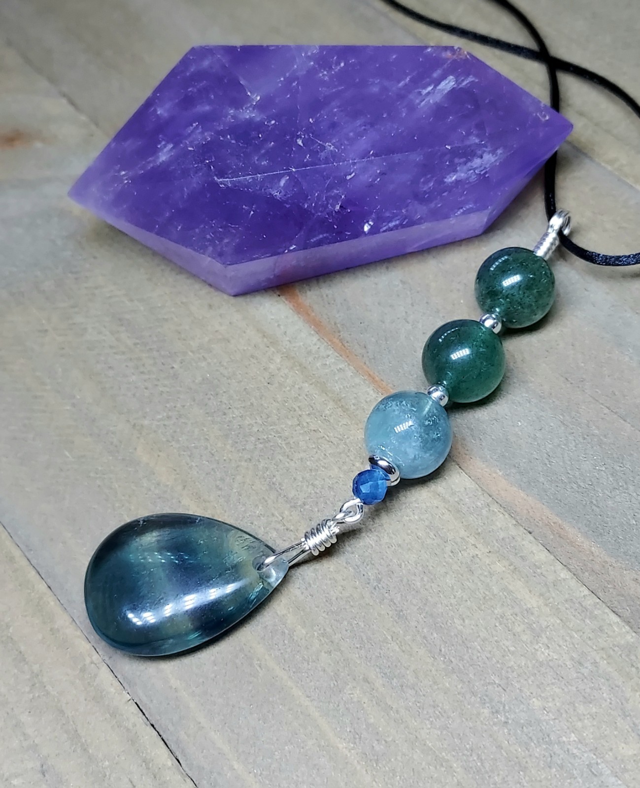 Blue Fluorite Pendant With Green Strawberry Quartz, Colorful Artisan Crafted
