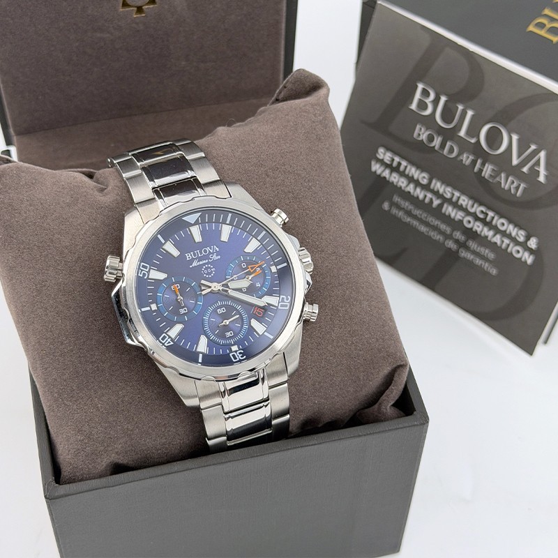 Bulova Marine Star Blue Dial 96B256 Steel Men Quartz Watch 43mm Chronograph