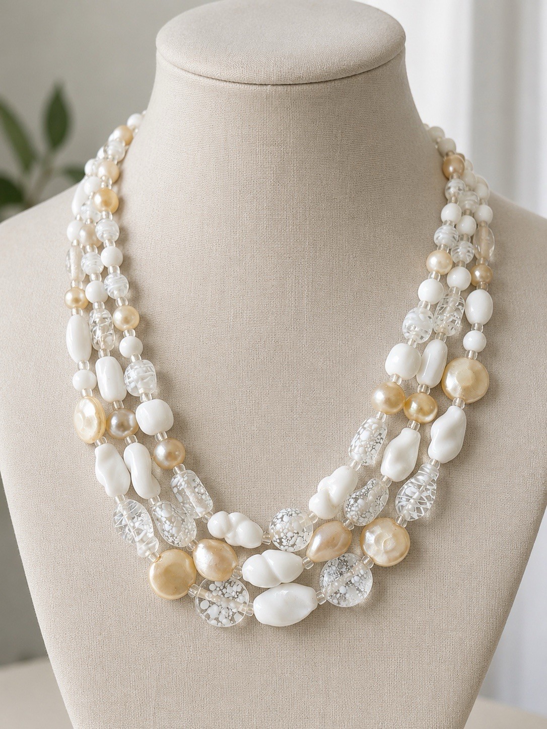 Strand Milk Glass Beaded Necklace White Clear Gold Glass Statement Vintage Style