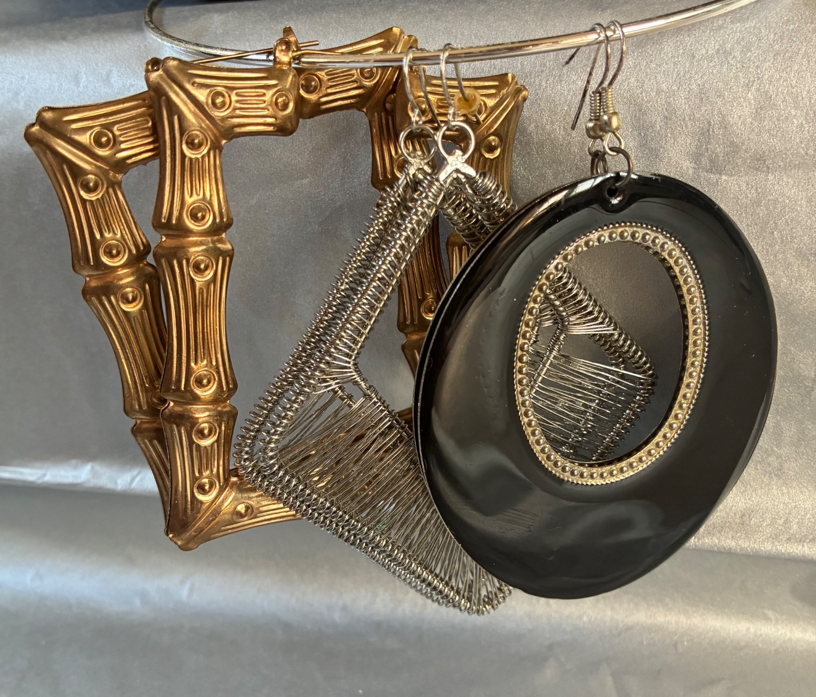 Lot of 3 Pair Bold Oversized Pierced Earrings Black Silver Gold Tone Geometric