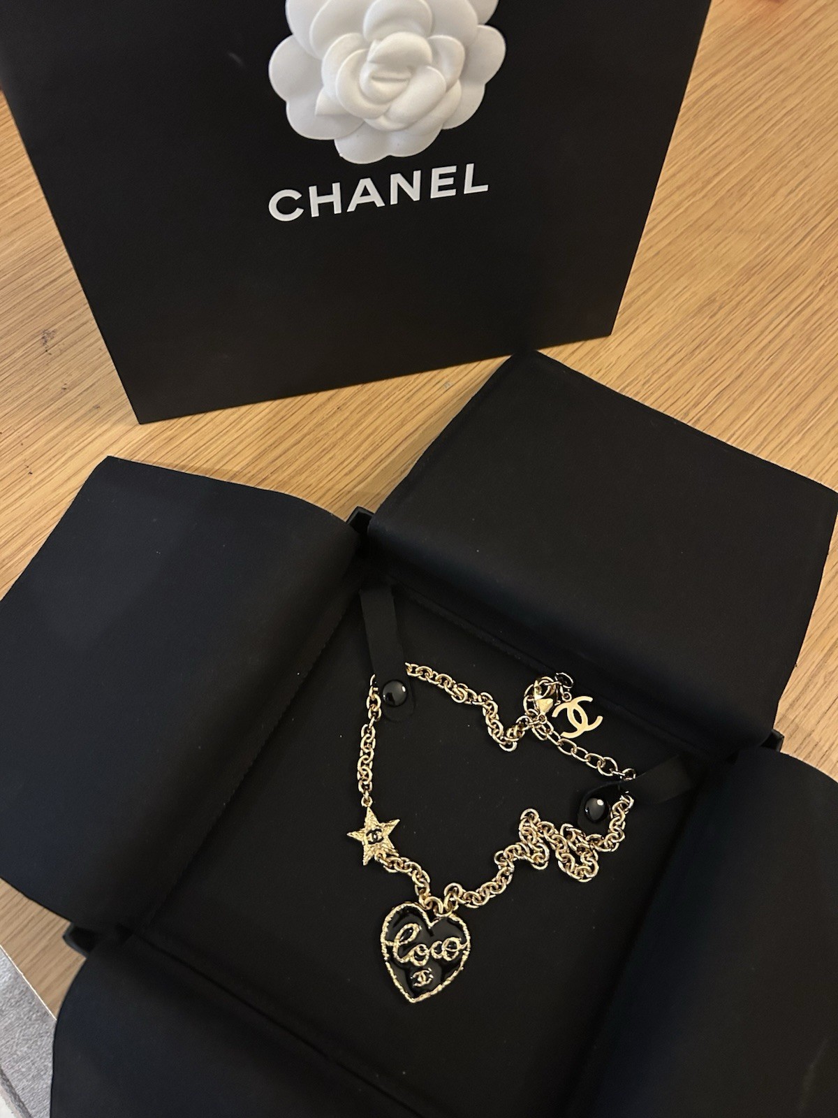 RARE Chanel Runway Coco Fashion Gold Black Heart Star Necklace AUTH NEW GIFTABLE