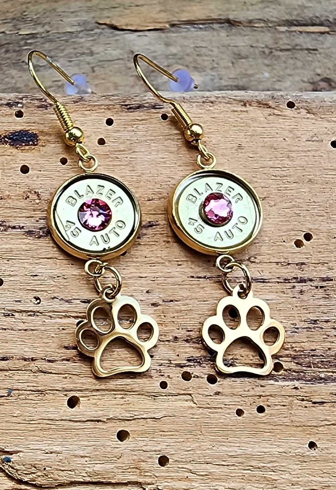 Gold Stainless Steel Dangle Bullet Earrings with Paw Charms. Optional Color