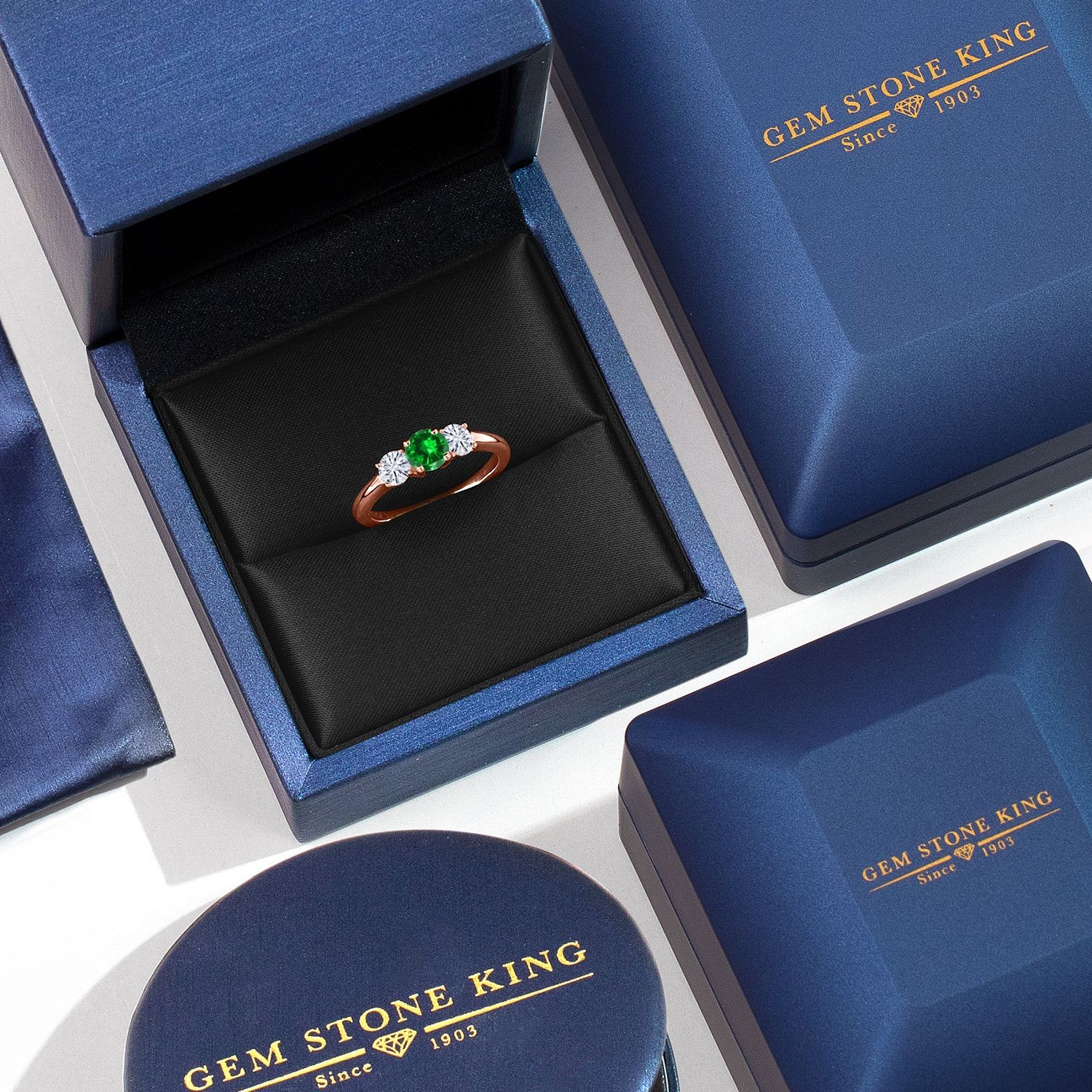 18K Rose Gold Plated Silver Created Emerald and White Moissanite Engagement
