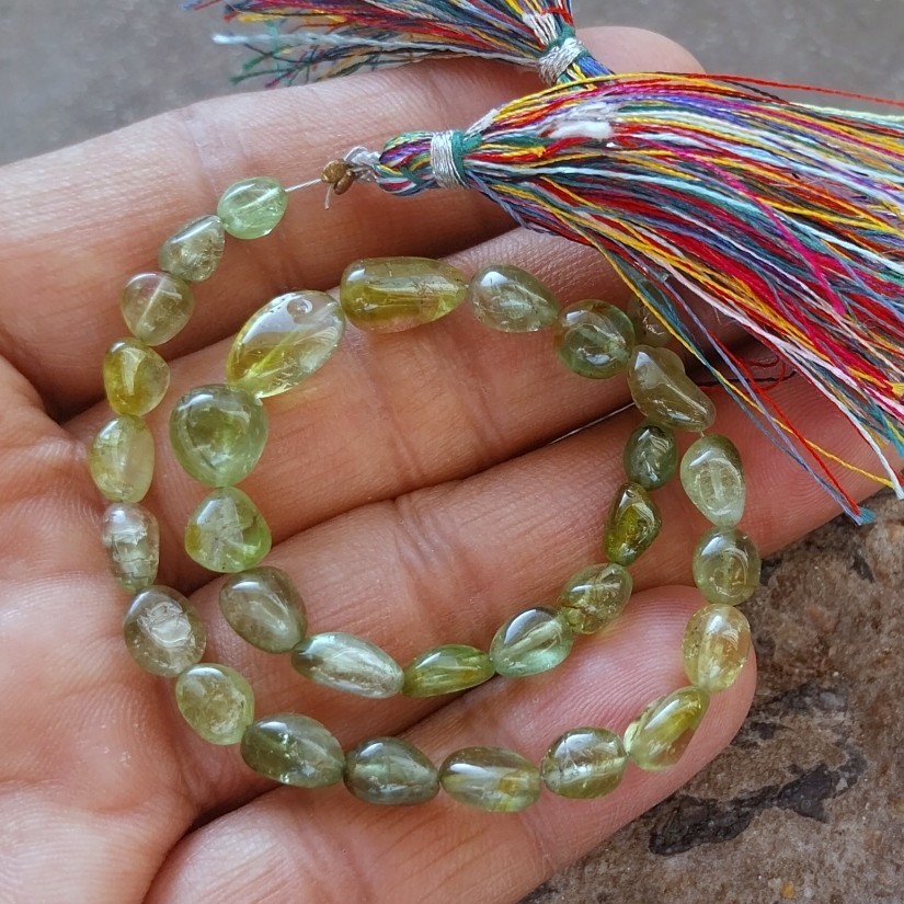 56 Carat 5×6 to 6.5×7 MM Natural Green Bi Color Tourmaline Tumble 10 Inch Beads
