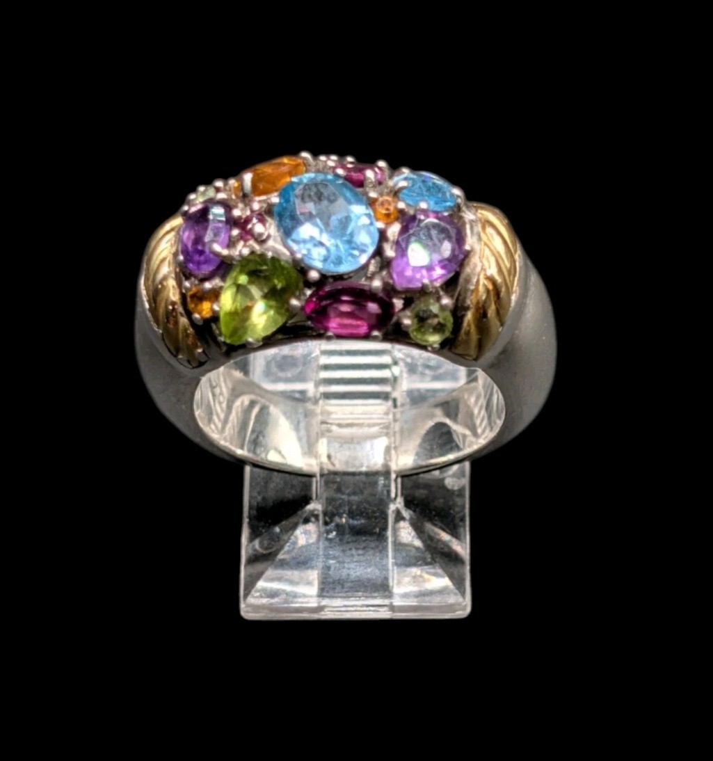 EFFY Sterling Silver 925 Gold Accent Multi Gemstone Cluster Ring Size 8