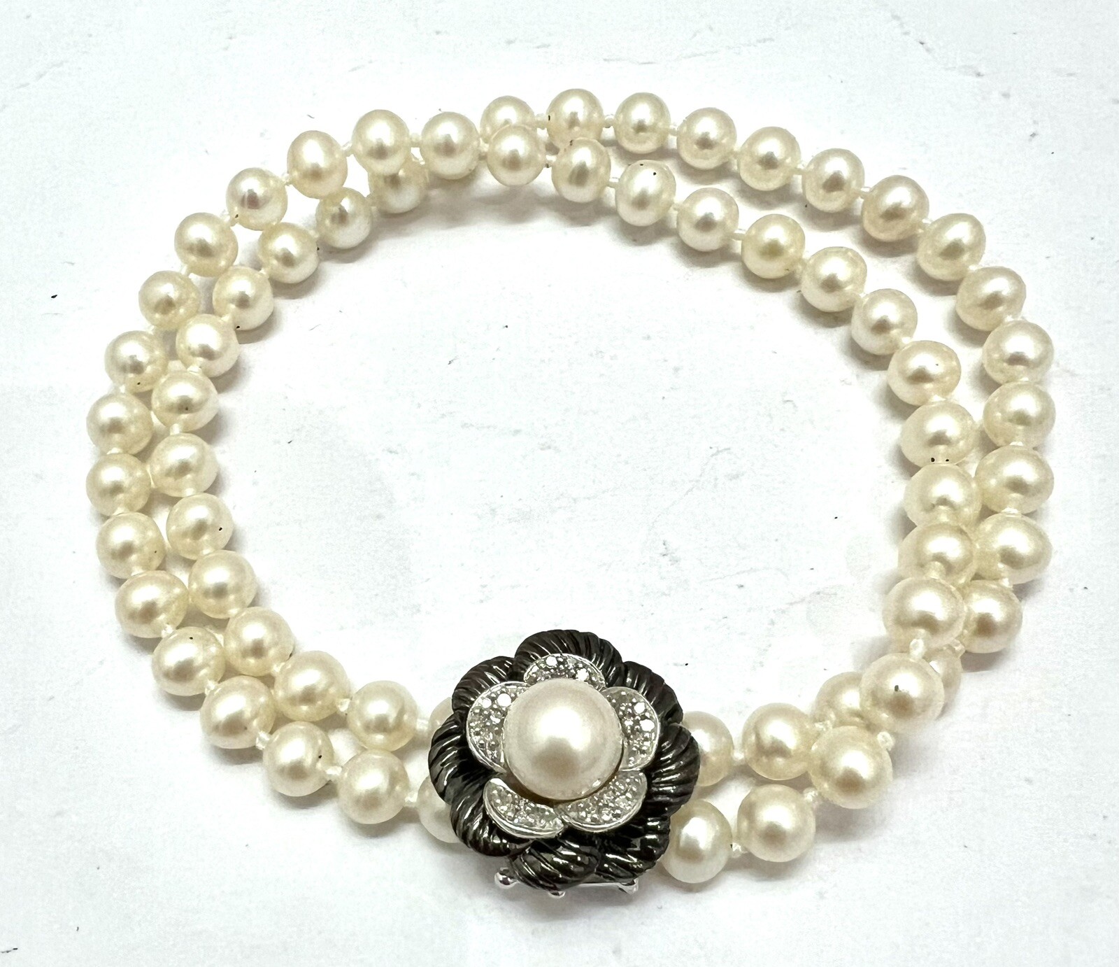 925 Silver AV Natural White Pearl 2-strands Knotted Bracelet,21.5cm, NC8