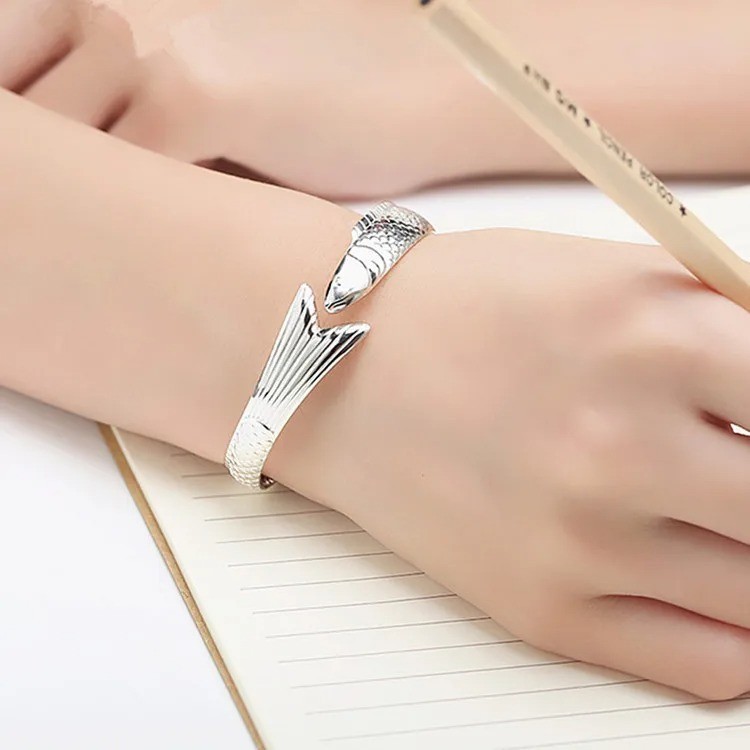 925 Sterling Silver Dragon Fish Bracelet Lucky Fortune Adjustable Bangle Gift