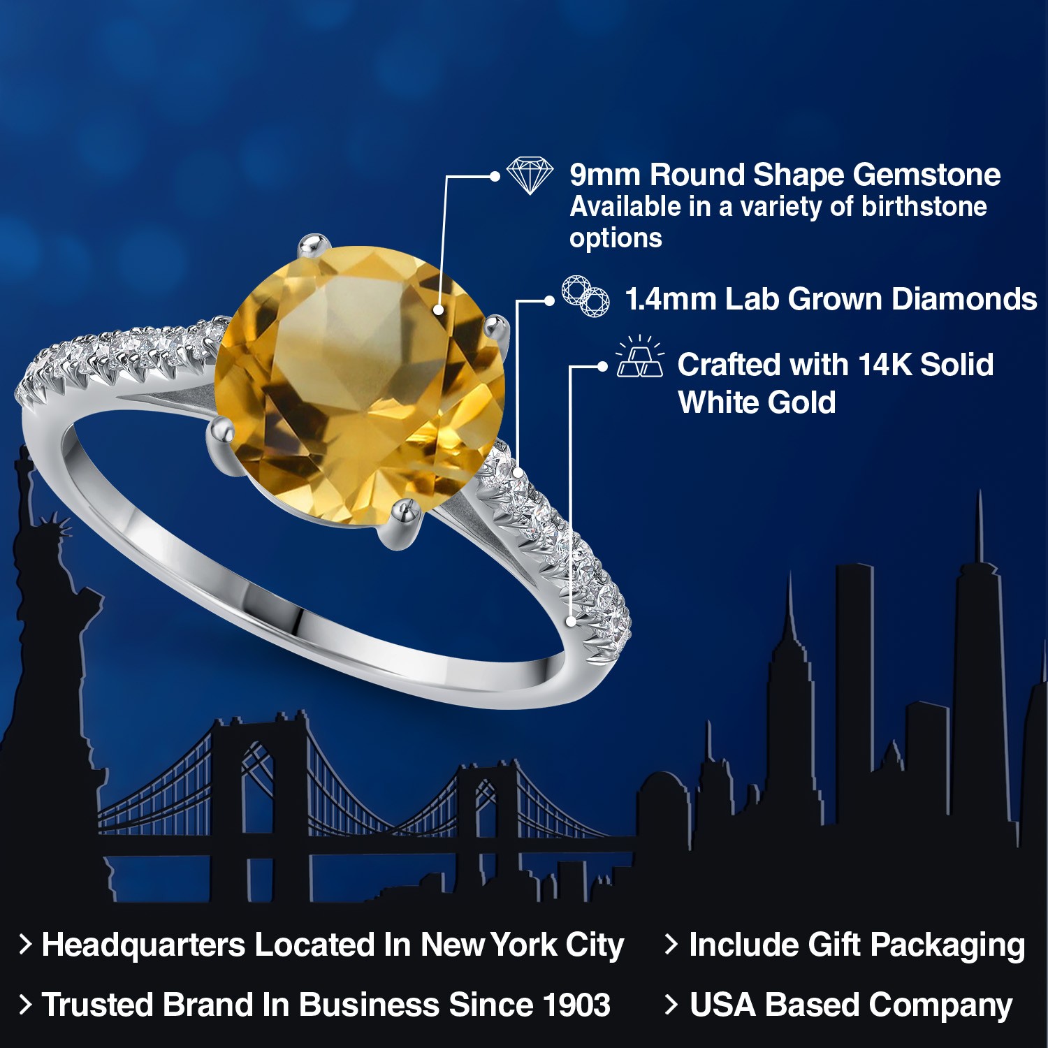 2.96 Ct Round Yellow Citrine G/H Lab Grown Diamond 14K White Gold Ring