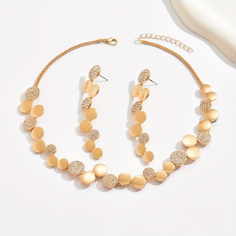 Gold Tone Sequin Disc Necklace Earrings Set Rhinestone Circle Choker Jewelry W