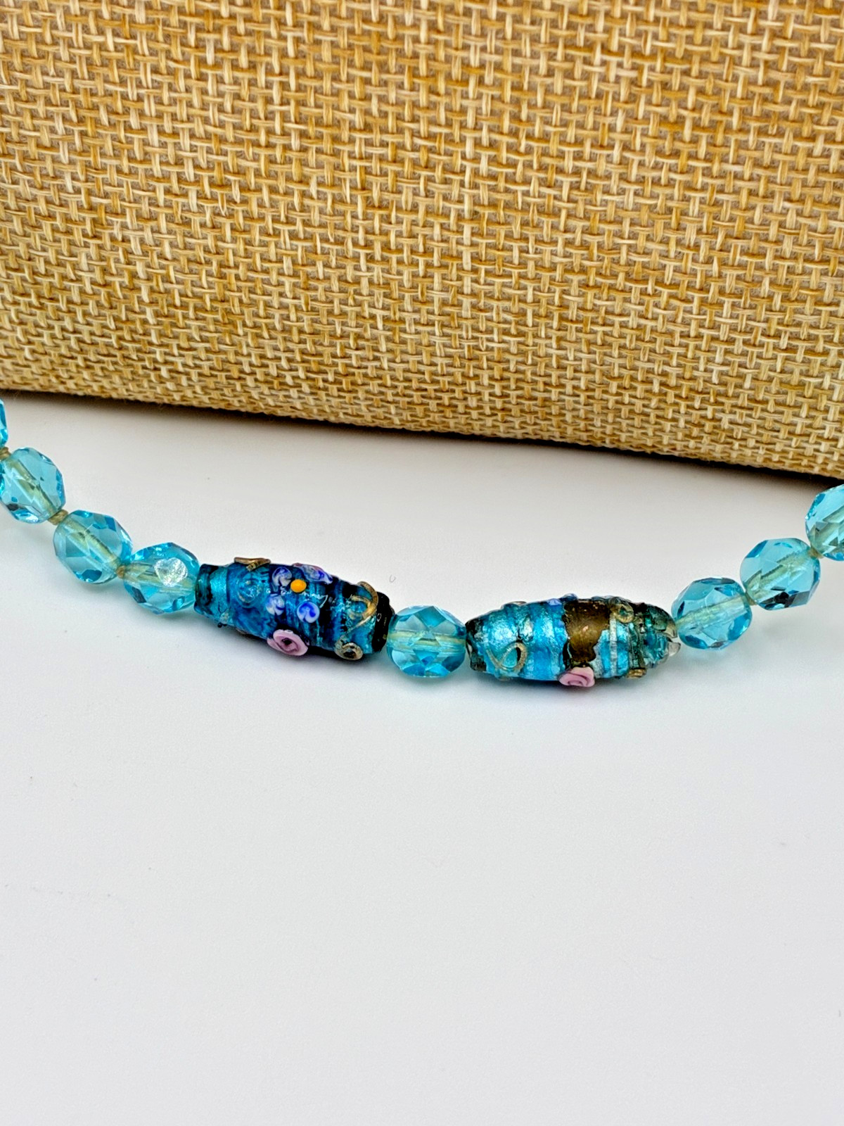 Antique Murano Venetian Glass Aqua Blue Wedding Cake Crystal Bead 39″ Necklace