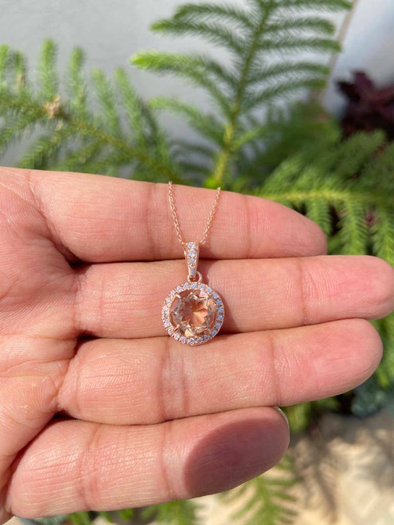 2Ct Round Simulated Morganite Beauty Halo Pendant Necklace 14K Rose Gold Plated