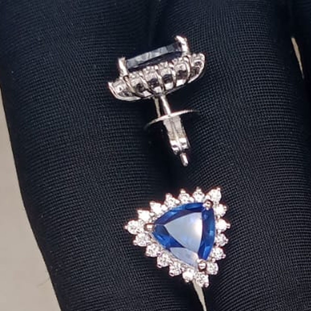 5Ct Trillion Natural Tanzanite & Diamond Stud Pair Earring 18k White Gold Plated