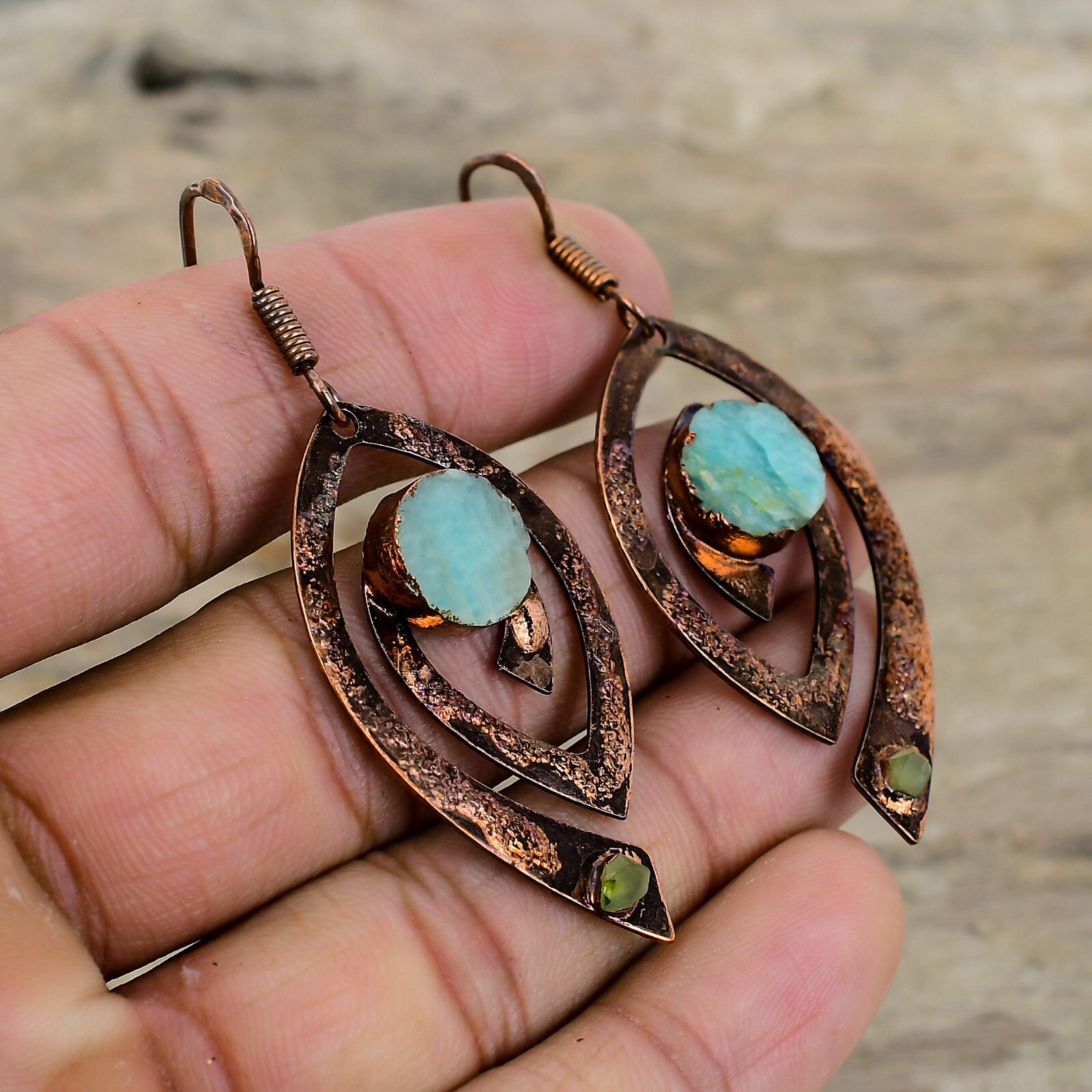 Amazonite Copper Gift For Mother Electroformed Drop/Dangle Earrings 2.52″