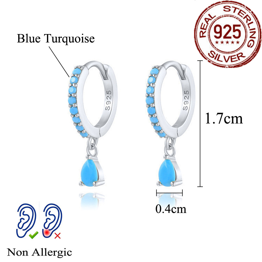 925 Sterling Silver Zircon Blue Turquoise Water Drop Dangle Hoop Huggie Earrings