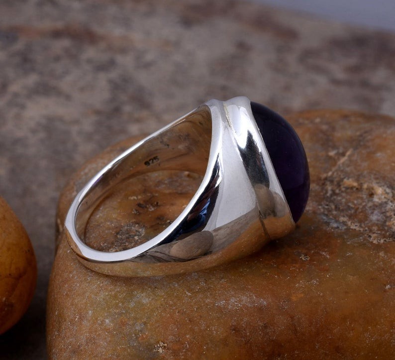 Solid 925 Sterling Silver AA Natural Purple Amethyst Gemstone Men’s Unisex Ring