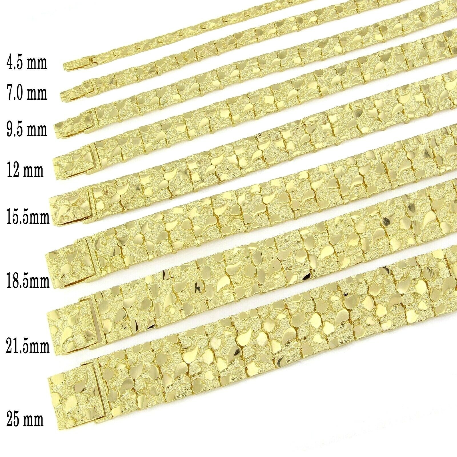 14k Yellow Gold Solid Nugget Bracelet 7″-9″ 4mm to 25mm Adjustable