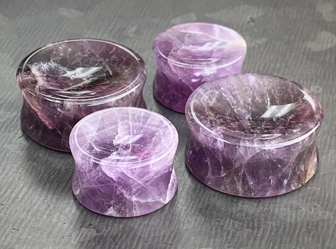 PAIR Concave Amethyst Stone Plugs Natural Organic Earlets Amythest Tunnel Gauges