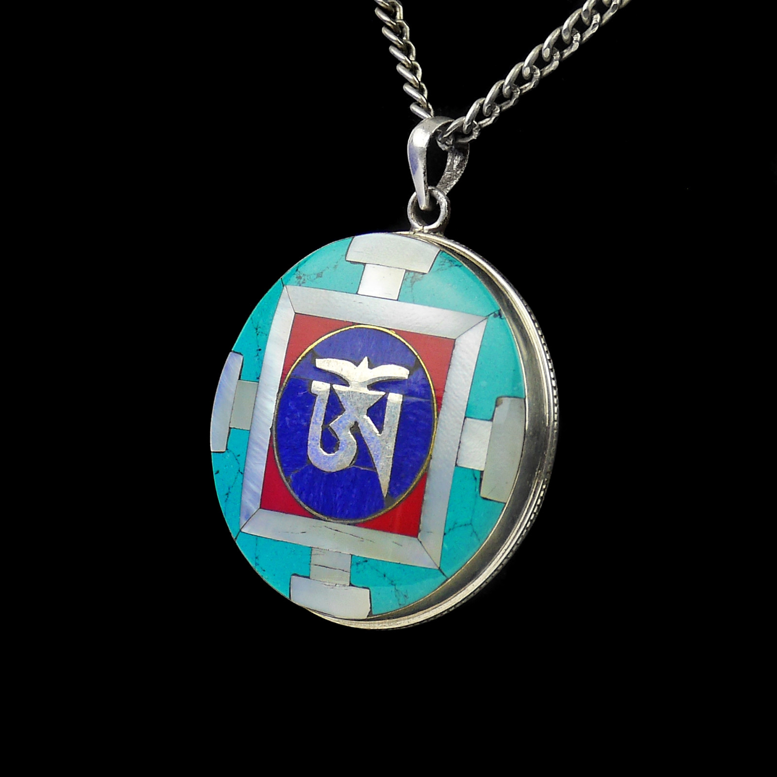 Amulet Silver Mother of Pearl Buddhist Turquoise Lapis Coral Round White Gift