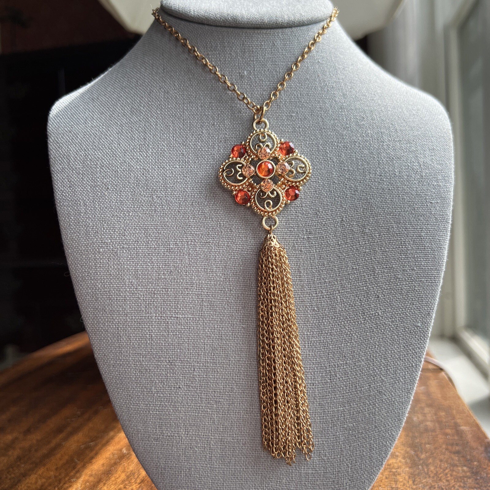Mid-Century Orange /Pink Rhinestone Gold Tone Tassel Statement Necklace Fabulous