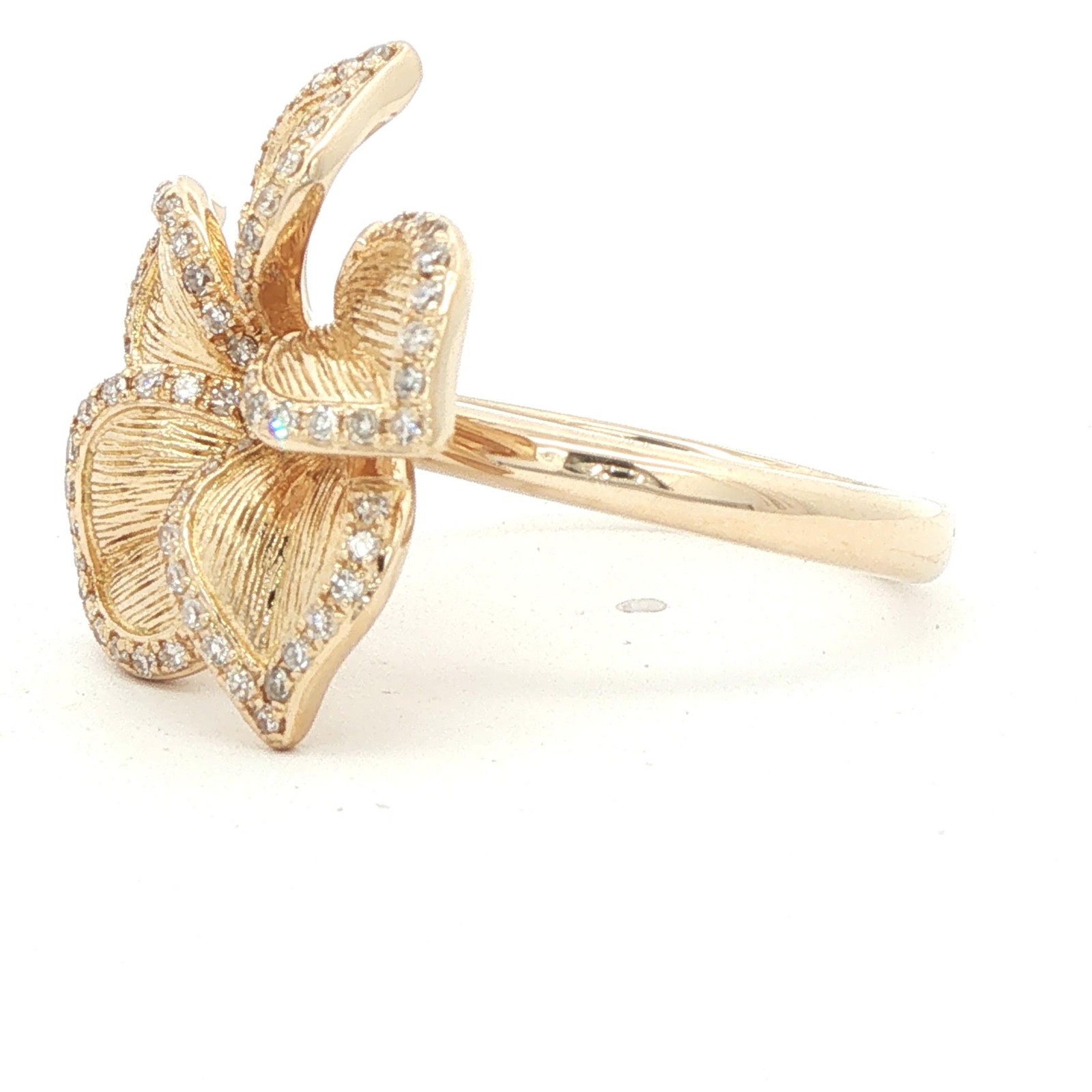 EFFY 14K Gold Pave Round Diamond Accent 5-Petals Ribbed Flower Statement Ring
