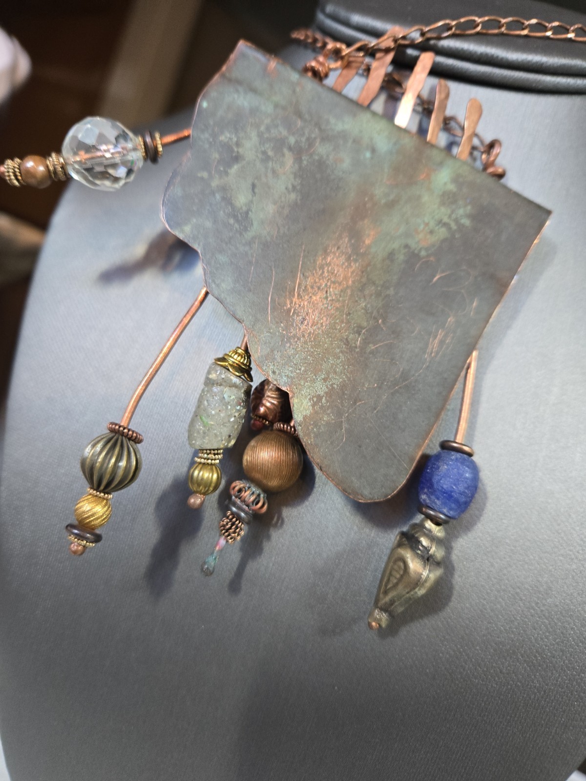 Artisan Made Brutalist Art Deco Necklace Copper Mixed Media Handmade