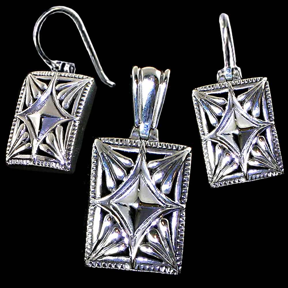 4PC-SET__HIGH POLISHED DIAMOND SHAPE PATTERN PENDANT / EARRINGS__925 SILVER