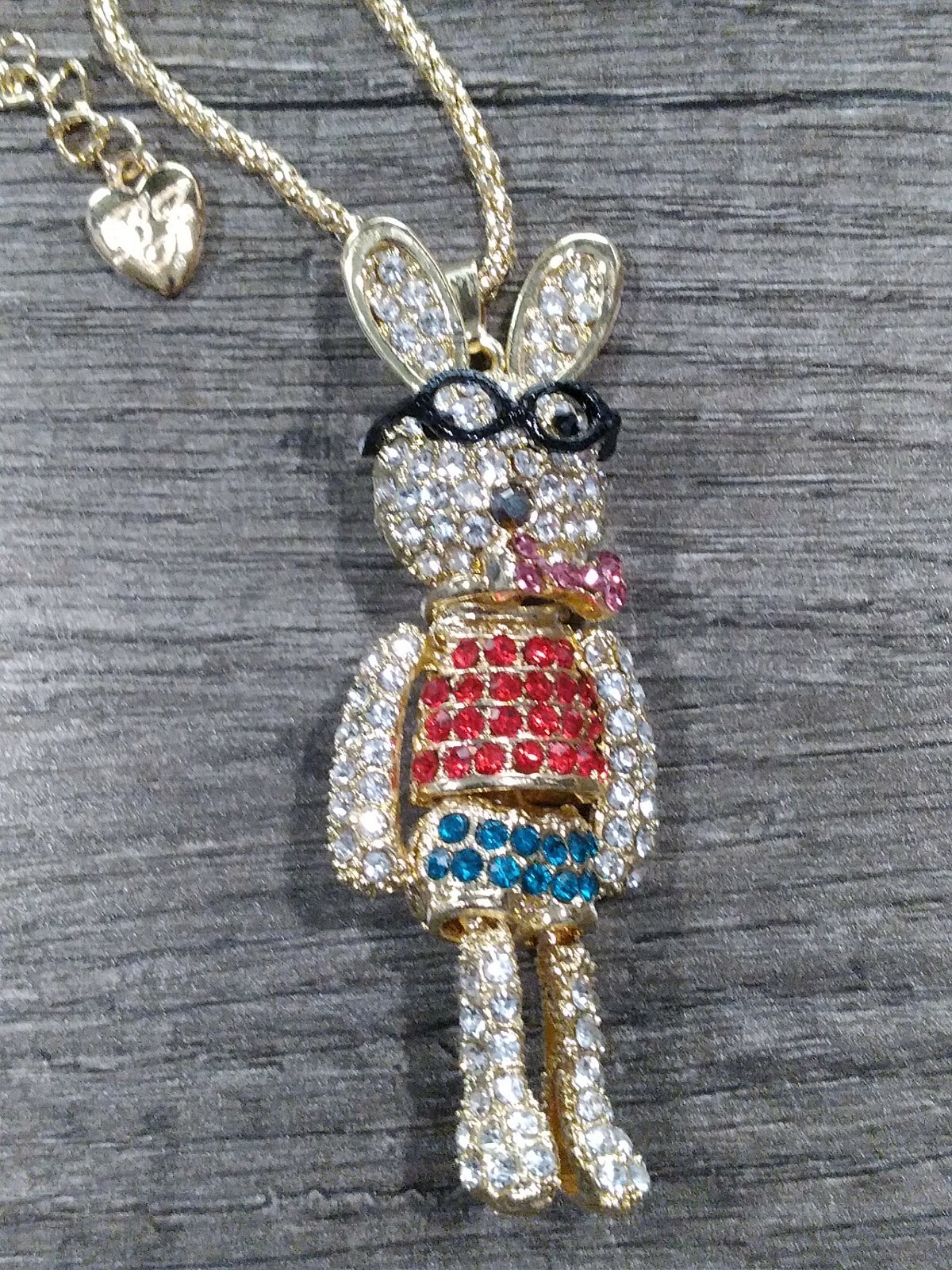 Eclectic Whimsical RED & BLUE BUNNY RABBIT GLASSES Rhinestone Pendant Necklace