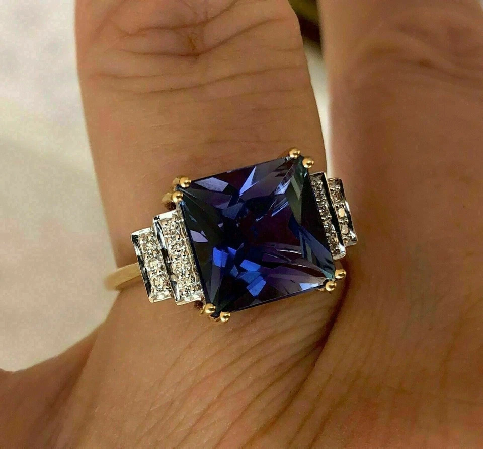 3 Carat Lab Created Princess Sapphire Engagement Ring 14K Yellow Gold Finish