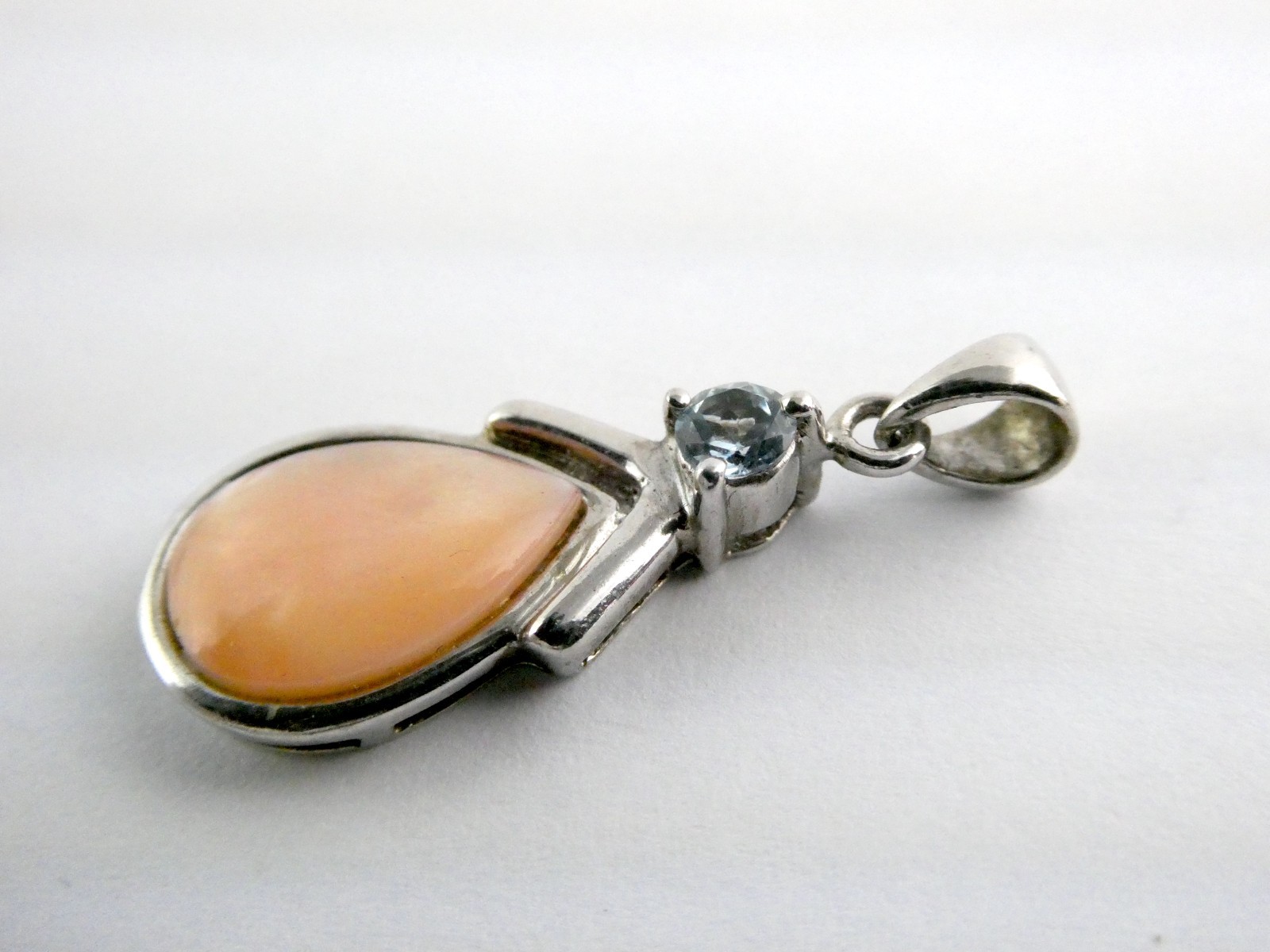 Sterling Silver Blue Topaz and Peach MOP Shell Pendant 925 1.25 Inch Length