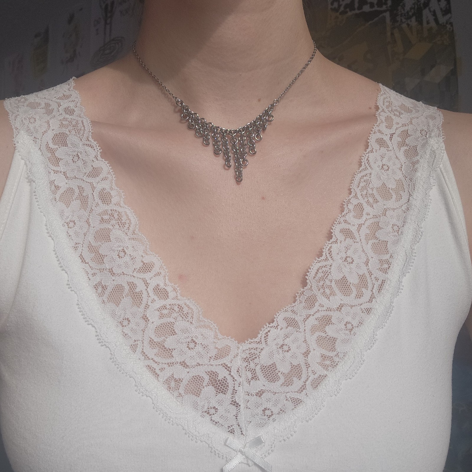 Vintage Medieval style V shape silver chainmail necklace made of stainless steel